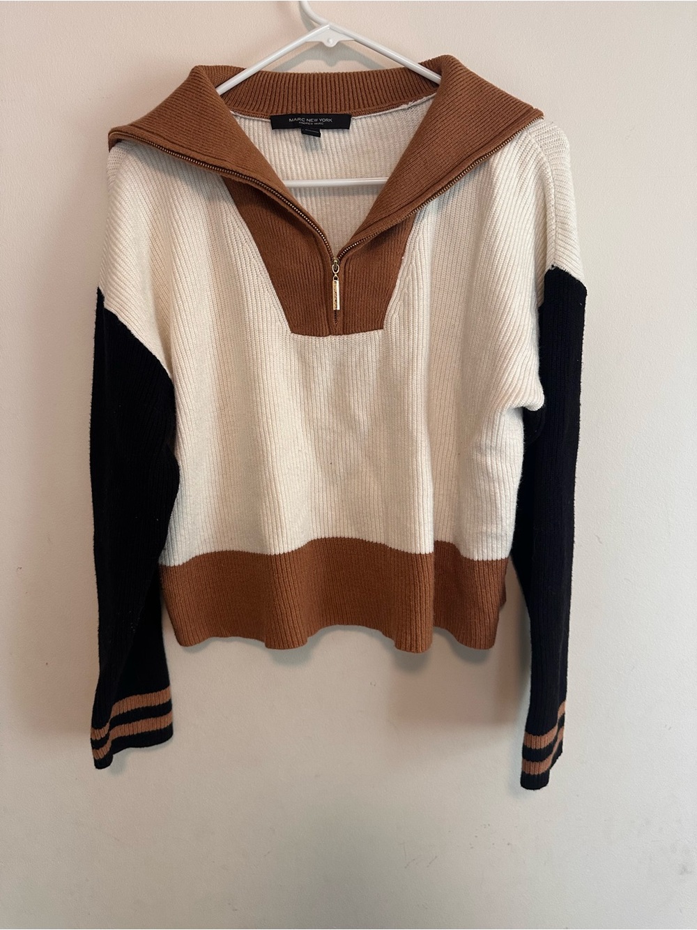 Marc New York Colorblock Half-Zip Sweater in Cream, Brown & Black Large